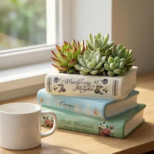 Book Lovers Gifts for - Book-Planter with Drainage Hole, Book Vase for Flowers, Small Plant Pot for Bookshelf Office Bedroom, 7" x 3.9" x 3.7"