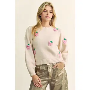 Davi & Dani Crochet Strawberry Round Neck Sweater
