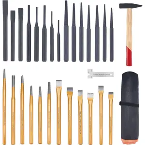 29-Piece Punch and Chisel Set with Cross Peen Hammer, Heavy Duty Includes Cold Chisels, Taper Punches, Pin Punches, Center Punches & Roll-Up Pouch (29pcs)
