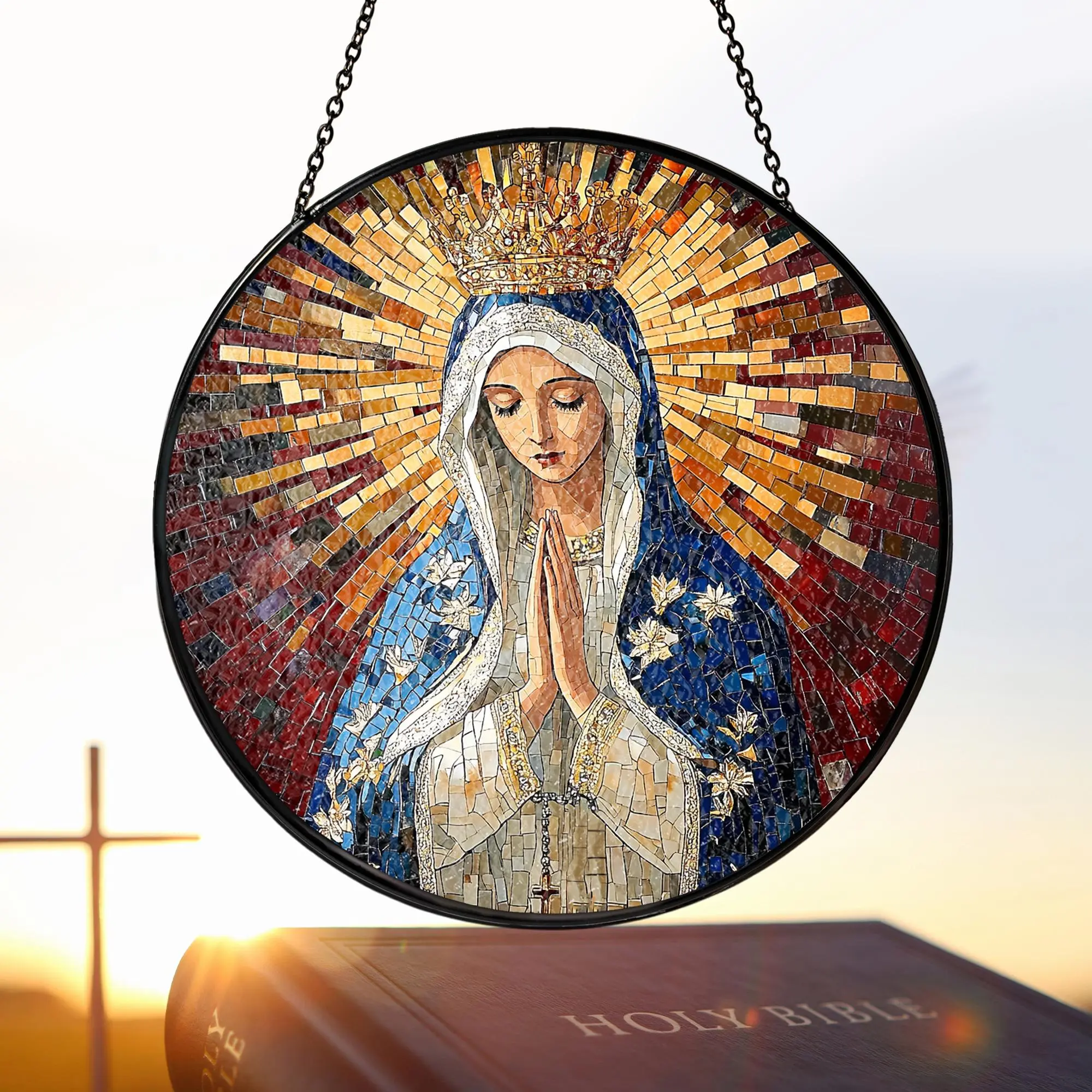 Blessed Virgin Mary Stained Glass Suncatcher, Religious Wall Decor, Praying Madonna, Religious Gift