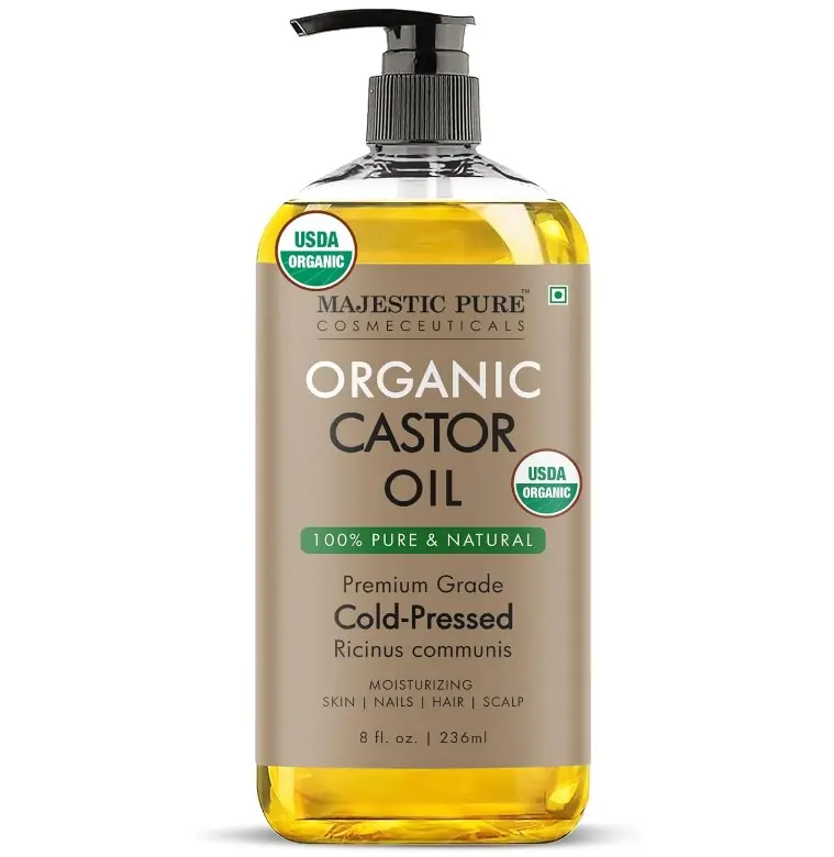 Majestic Pure Oil - 100% Pure and Natural- Cold Pressed & Hexane Free Natural Hair Growth Oil for Eyelashes, Eyebrows, Skin, Body, Face, Nails & Scalp - USDA Organic Castor Oil 8 Fl Oz