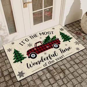 1Pc Red Truck Christmas Tree Diatom Mud Anti Slip And Water Absorbing Entrance Door Mat Indoor And Outdoor Door Mat Kitchen Dining Room Bathroom Decor Holiday Home Decor Checkered Rug