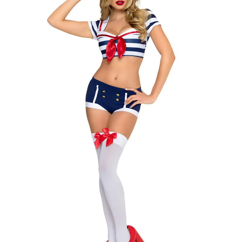 Women's Pin-Up Sailor Costume with Bow Accents - Matching Satin Crop Top, Hat & Accessories for Halloween Party Cosplay
