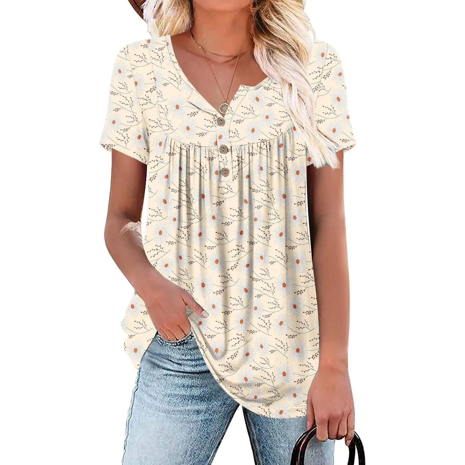 Women's Floral Print Blouse, Bohemian Short-Sleeve Henley Neck Tunic Top, Casual Curvy-Fit in a Breathable Rayon Blend for Summer, Casual Boho Blouses, Ditsy Floral, Shortsleeve, Tunic Length