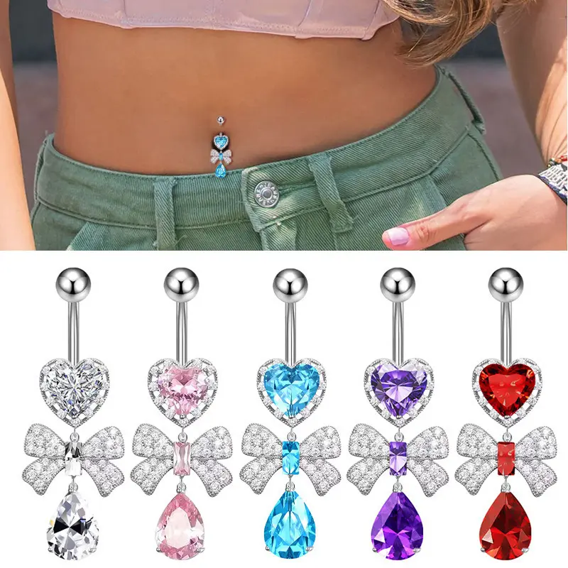Women's 14G Heart Bow Crystal Teardrop Dangle Belly Button Ring - Cute Y2K Piercing Jewelry, 1 or 5-Pack Set moonstone waist beads floating chic body septum tongue nose bone lip screw navel magnetic ear clip hypoallergenic elegant copper