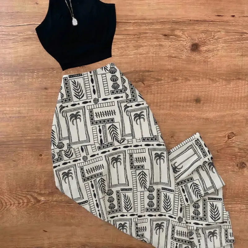 European Style Tight Sleeveless Camisole Top and Geometric Plant Print Midi Skirt Set Suitable for Summer Casual Wear, Beach Vacation, Daily Dating and Streetwear