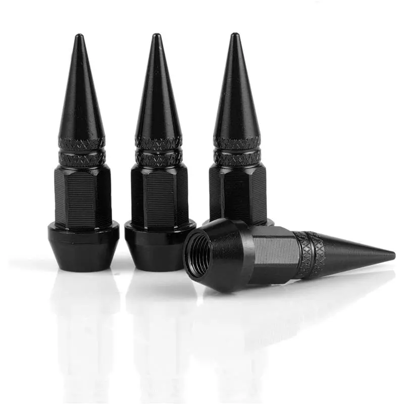 45mm Spiked Tip Aluminum Vehicle Tire Valve Caps, 4PCS Thread Screw-On Dustproof Leak Prevention Caps, Easy Installation, Universal for Cars/SUVs/Trucks, Vehicle Accessories (Black)