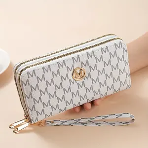 Retro Ladies Wallet - Double Zippered Design with Knit Pattern and Gold "M" Logo, Includes Wristband, Multiple Card Slots, and Coin Pocket - Durable Textured Accessory for Daily Use (Coffee, Beige, Pink, Black), Practical Zero Wallet