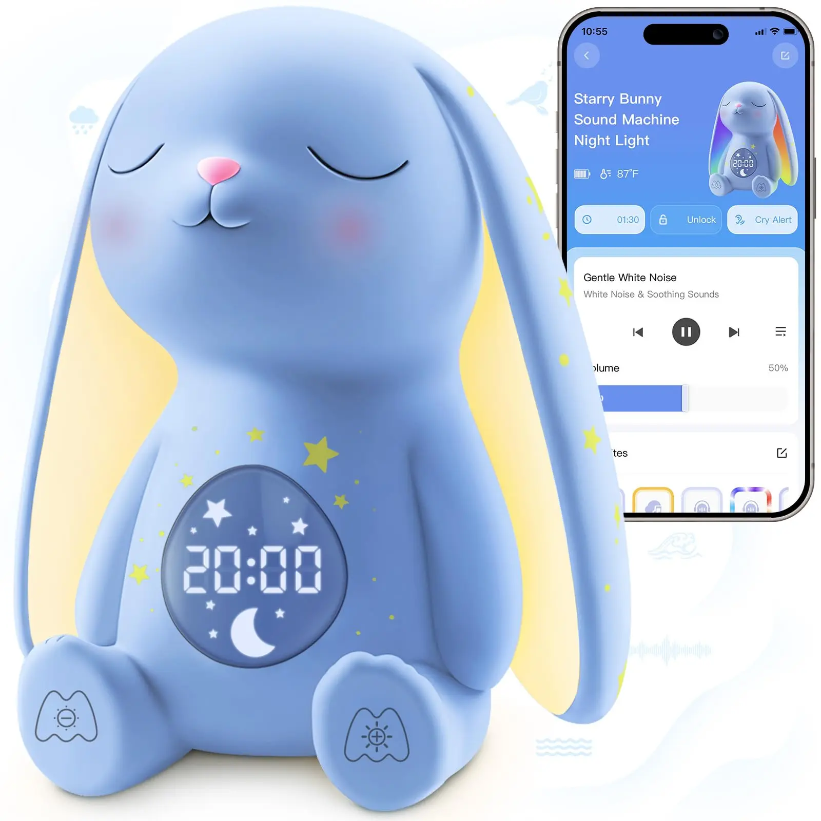 White Noise Sound Machine Baby Night Light with Alarm Clock for Kids, 100 Soothing Nature Sounds, Cry Detection, 150%+ Battery Life, 50% Faster Sleep, App Control - Newborn Essentials