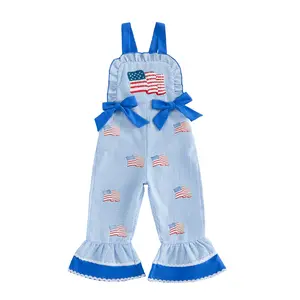 Babamoon Kids Toddler Baby Girls 4th of July Overalls Jumpsuit Flag Embroidery Plaid Cute Bow Sleeveless Jumpsuit Suspender Pants for Toddler