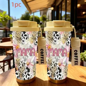 1pc 18oz Stainless Steel Insulated Bottle, Tumbler, Dual Layer Design, Leopard Floral Mama Pattern, Non-Slip Base, Portable Handle, Perfect Gift