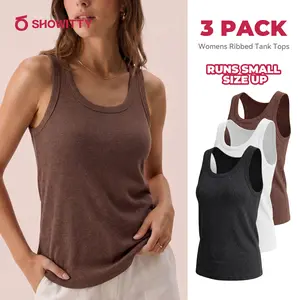 SHOWITTY Womens Ribbed Tank Tops 3 Pack – Crew Neck Sleeveless Basic Shirts, Soft Stretch Polyester Cami Tops for Layering and Everyday Wear