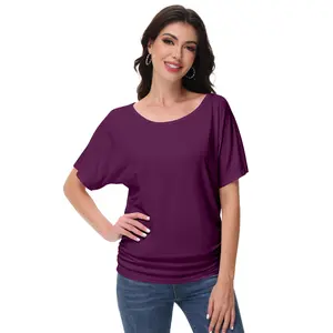 Women's Boat Neck Dolman Top, Short Sleeve, Solid Color, Lady Comfort Clothes, Fashion Top with Side Shirring for Daily Wear