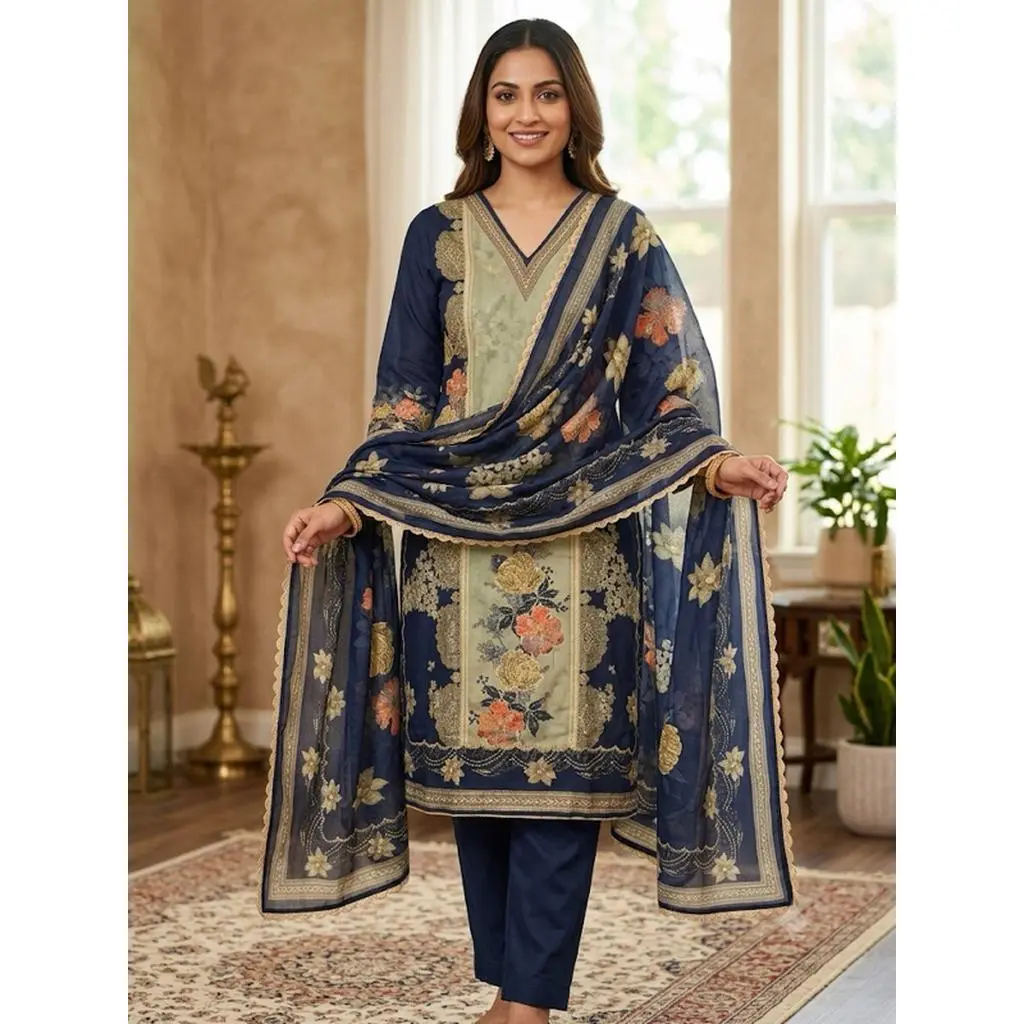Women's Navy Blue Floral Print Kurta Set with Dupatta Elegant Three-Piece Outfit Ethnic Wear Trousers and Casual Kurti Set Traditional Festive Wear L-40" XL-42" XXL-44"