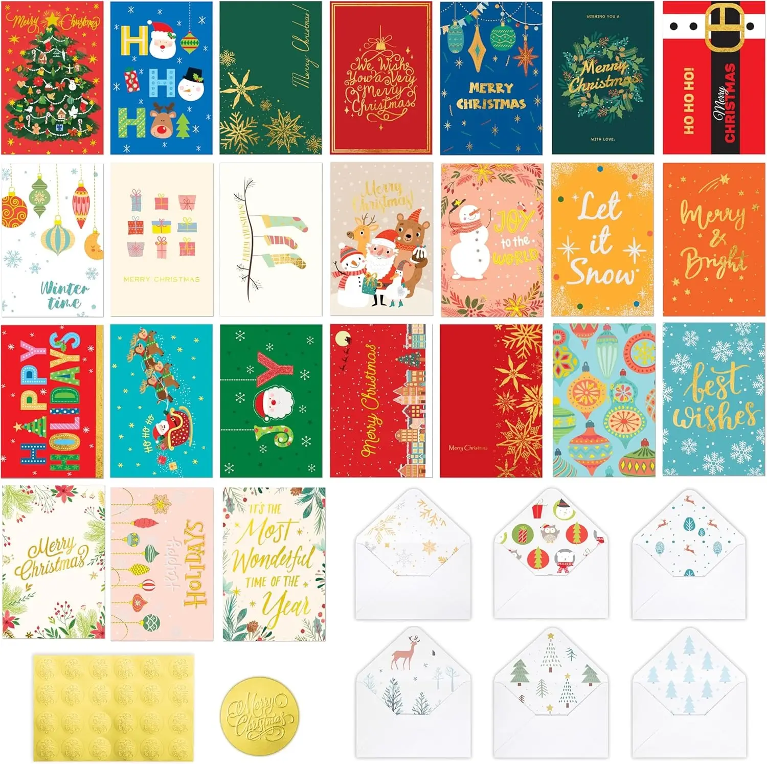 24 Pack Christmas Cards with Envelopes and Stickers – Gold Foil & Glitter – 24 Festive Designs – Printed Messages Inside – 6x4 In – Holiday Greeting Cards for Friends, Family & Kids