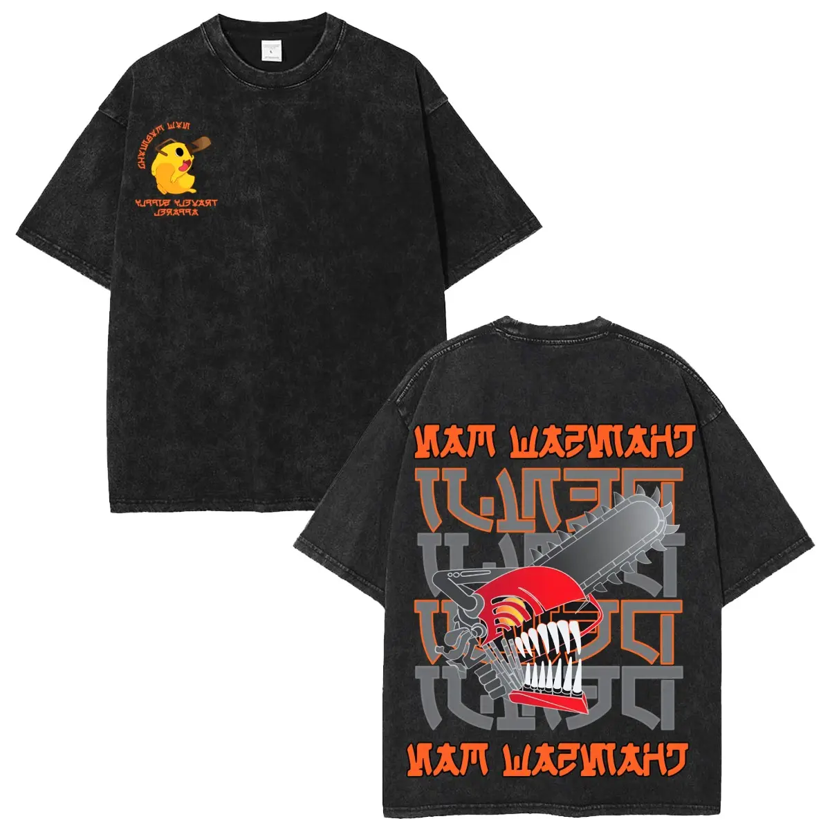 Men’s Washed Black Graphic Graphic Chainsaw Man T-Shirt, Short Sleeve Streetwear Tee, Anime-Inspired Vintage Casual Top