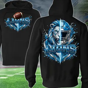 Strong Lions Football 2 Sided Hoodie, Football Player T-shirt, Sports Apparel, Blue & Titan Helmet Pullover Classic T-shirt, Graphic Printed Streetwear Top, 100% Cotton, Gift For Fans