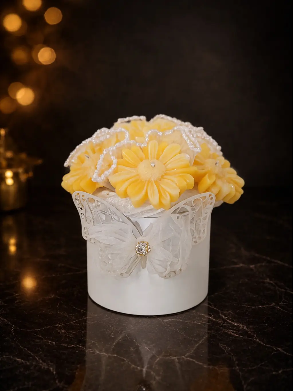 Yellow Daisy Candle Bouquet in Elegant White Hat Box
