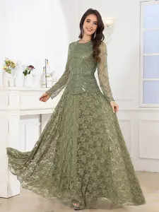 Women's Sequined Floral Lace Long Dress, Womenswear, Sheer Long Sleeve Elegant Chic Evening Gown, Perfect for Weddings and Graduations, Ideal for Festive Occasions, Formal Wear