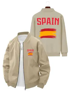 Casual Sports Style Men's Baseball Jacket with Spain Text and Flag Print for Daily Wear Outdoor Activities and Commuting