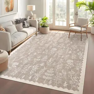 Garvee Washable 8x10 Area Rugs for Living Room Scalloped Floral Bedroom Rug, Non-Slip Stain Resistant Dining Table Carpet, Botanical Large Rug Neutral Carpet for Farmhouse Dorm Home Office, Taupe