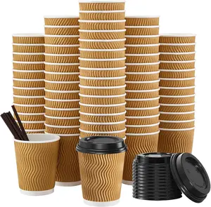 90 Pack - 8 oz Disposable Coffee Cups with Lids and Straws,To go Coffee Cups,Insulated Corrugated Paper Cups,Kraft Ripple Wall Cups for Hot Beverage or Cold Drinks -Champagne
