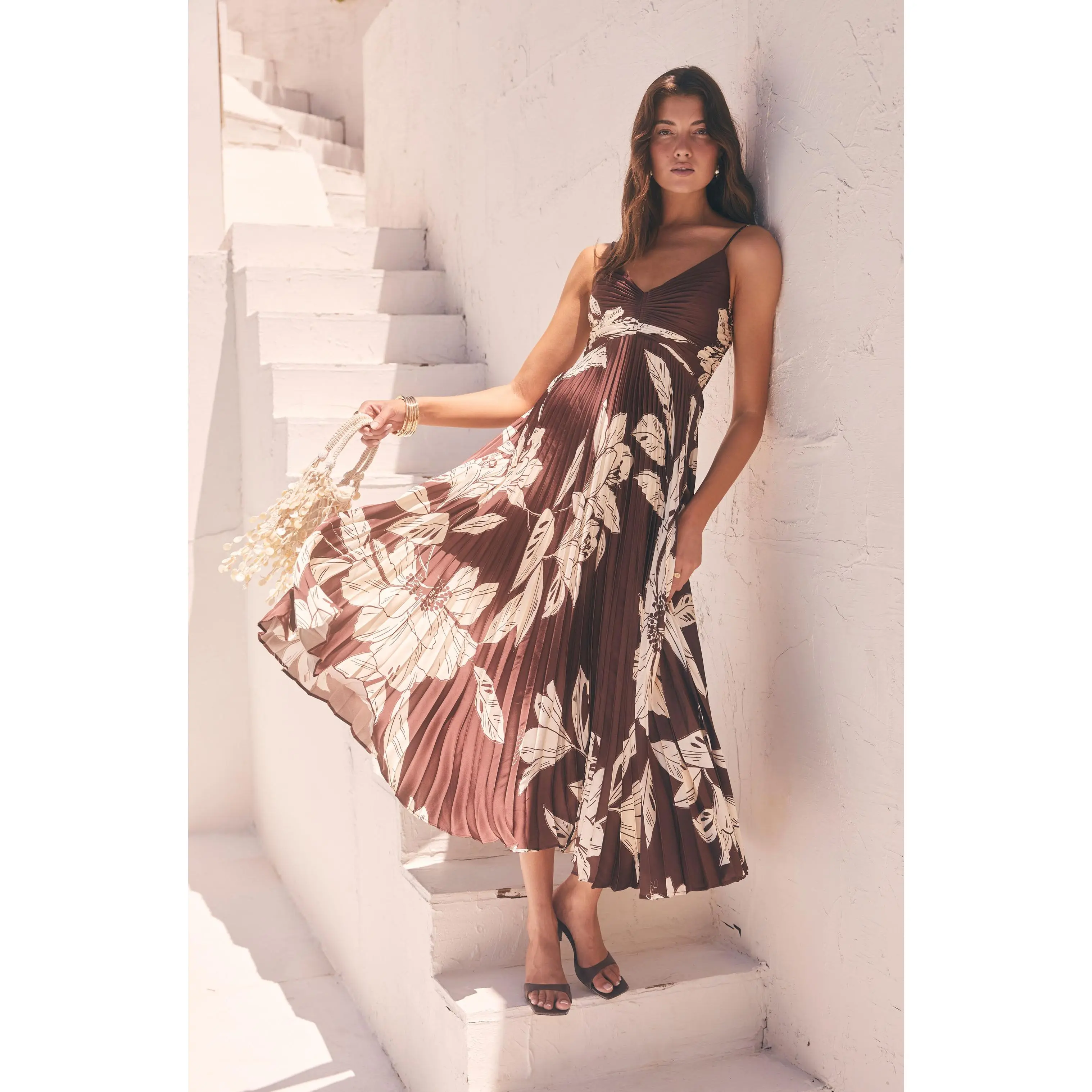 Clea Pleated Satin V-Neck Maxi Dress