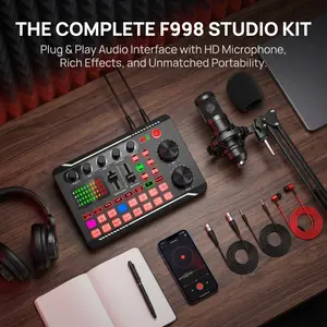 Multi functional compact live streaming studio audio mixer F998 external sound card mixing console Bluetooth connection noise reduction and sound effects for mobile phones, computers, live streamers, singing, sales, and recording tools