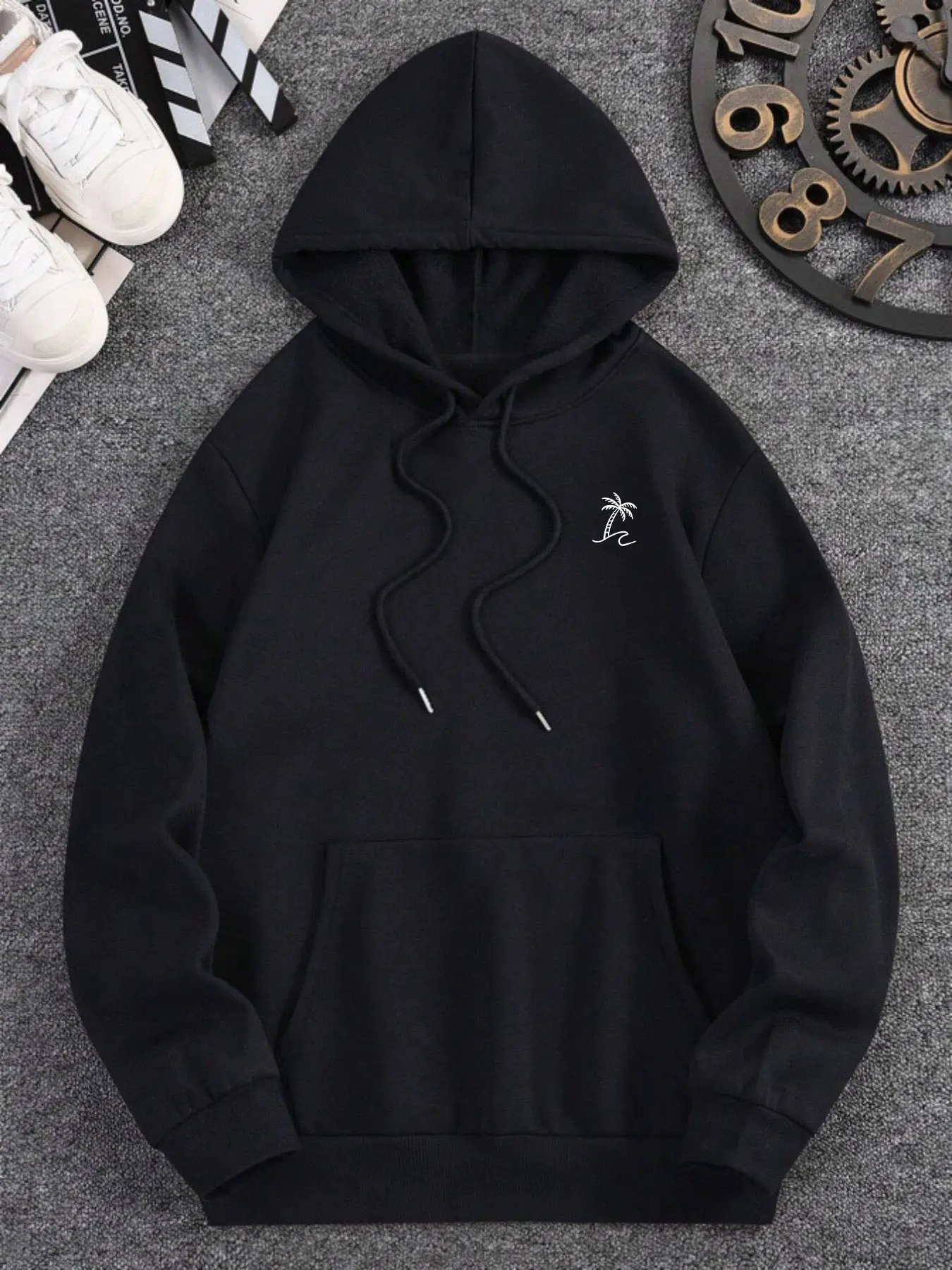 Men's Pullover Hoodie - Polyester, Palm Tree & Wave Graphic, Drawstring Hood, Front Pocket, Black Long-Sleeve, Casual Streetwear, Coastal Look, Loose Baggy Oversized Stylish Everyday Comfort Tops for Jeans Joggers