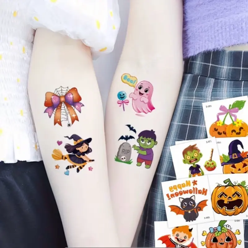 30pcs Halloween Temporary Tattoos - Cute Pumpkin, Ghost, Spider, Bat, Cat, Candy, Witch, Zombie Patterns