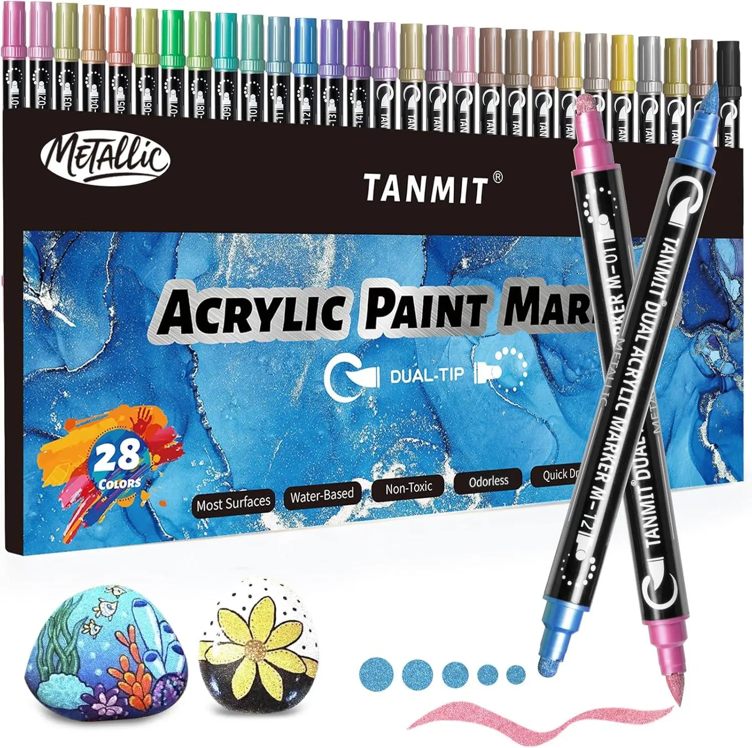 28 Metallic Colors Acrylic Paint Markers, Dual Tip Acrylic Paint Pens for Rock Painting, Black Paper, Wood, Canvas, Stone, Glass, Ceramic, DIY Crafts Making Art Supplies (Brush Tip and round Tip) TANMIT