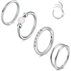 Nose Rings Hoop Double Hoops Nose Ring for Women Men CZ Opal 18G Hinged   Clicker Septum Conch Helix Earrings Rook Tragus Daith Lip