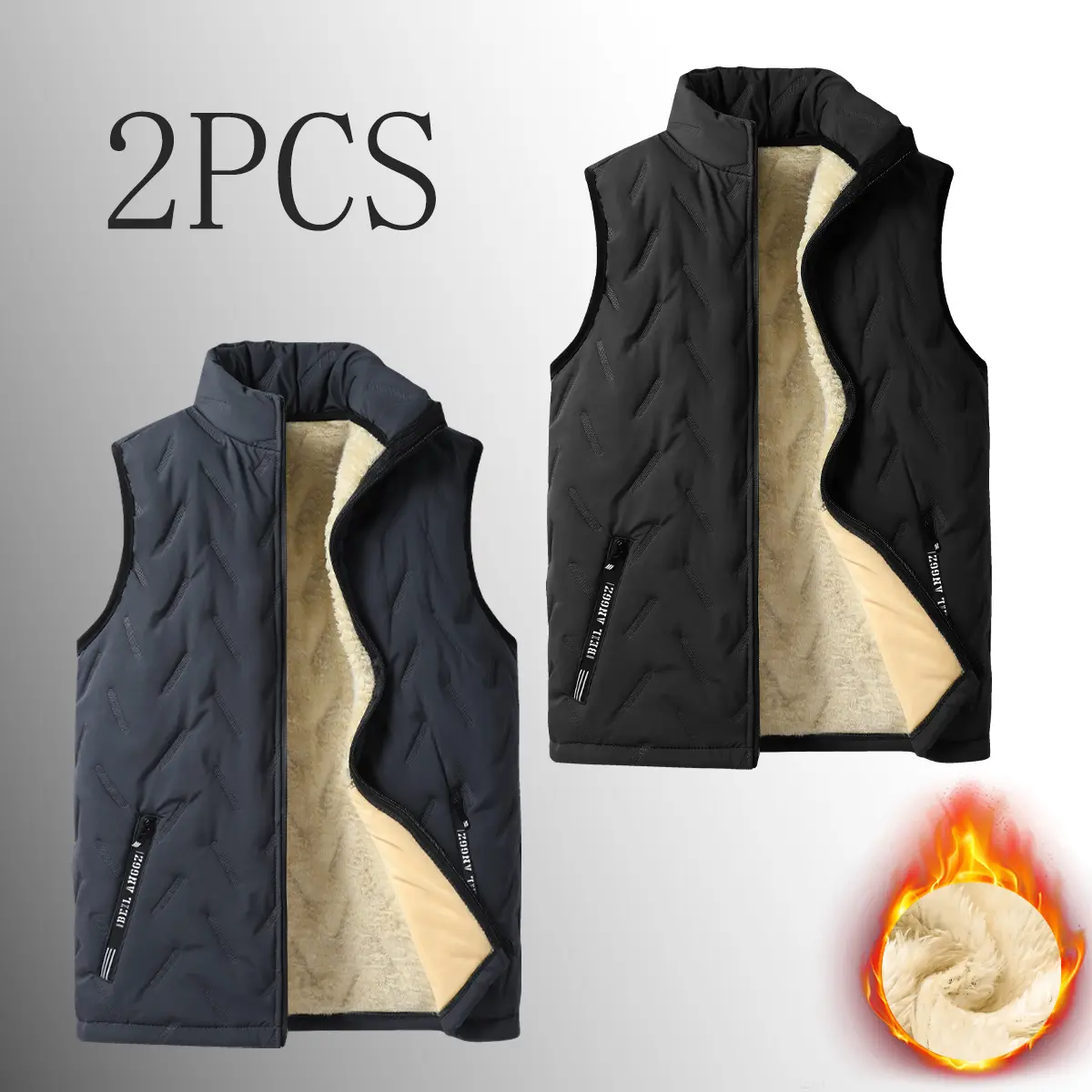 2pcs Men's Fleece Lined Warm Vest Winter Sleeveless Stand Collar Jacket Coat Tops  Plain pocket thermal Classic Menswear