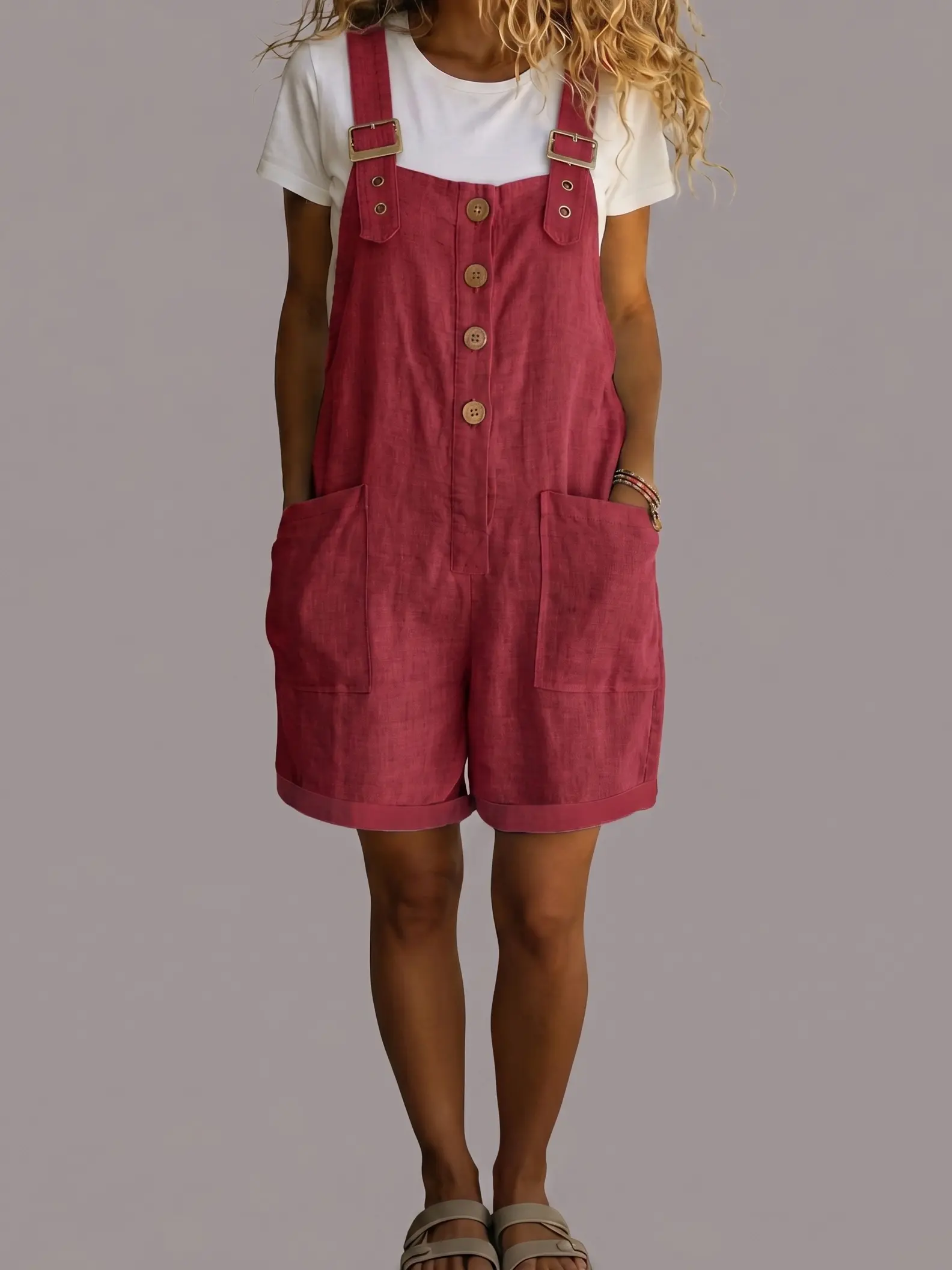 Women's Sleeveless Vintage Boho Linen Overalls - Button-Front, Front Pockets, Casual Summer Style Jumpsuit for Women