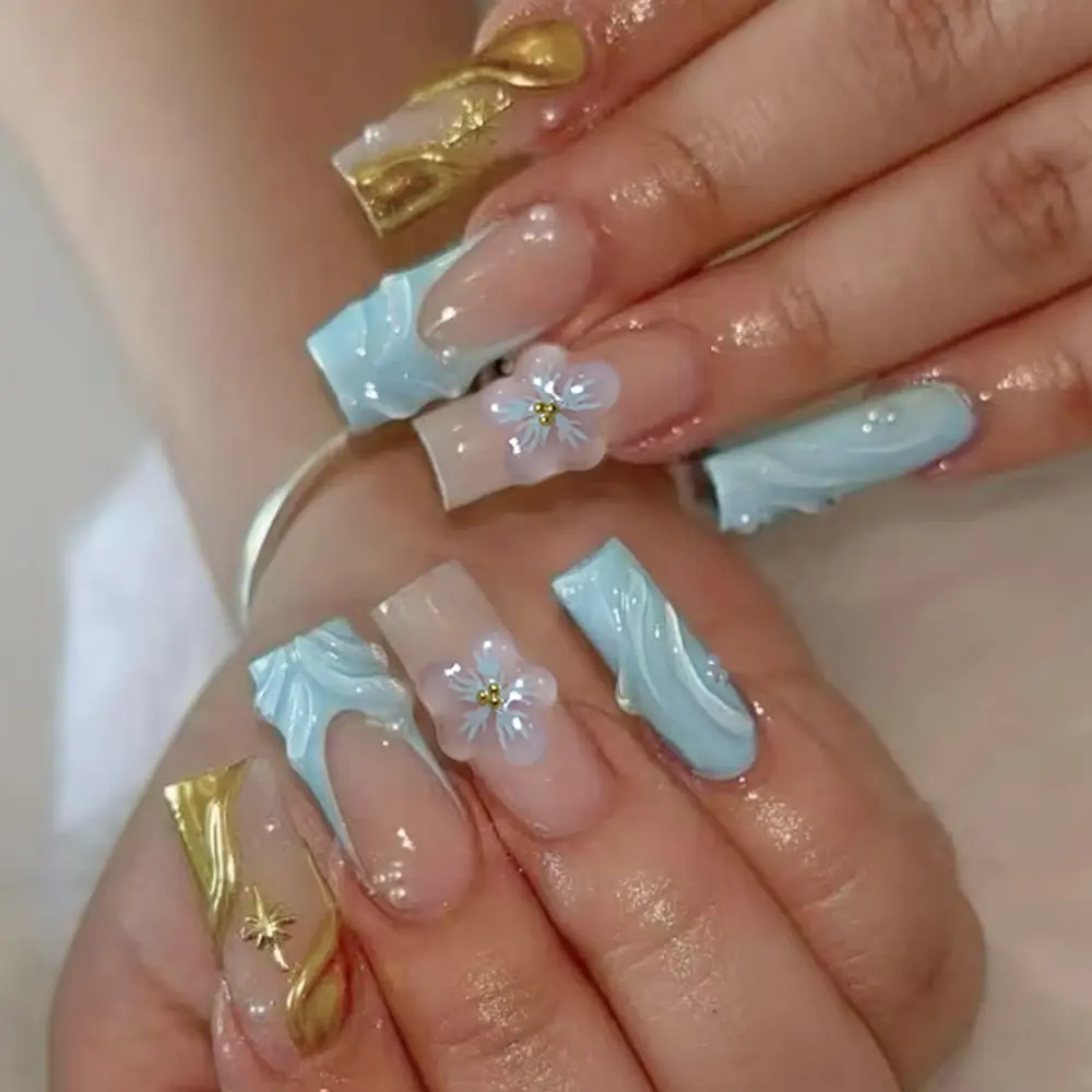 24pcs Medium Square Press-On Nails, Blue French Nail Art Style, 3D Pearl Gel Petals & Gold Powder, Flower Nails, Decorative Nails, Easy Wear Acrylic False Nails Set, Diy Nail Kit, Square Fake Nails