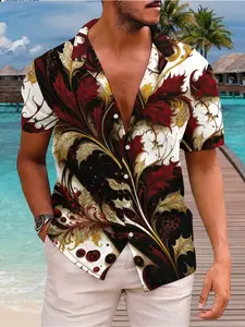 Men's Cuban Collar Short Sleeve Shirt, Casual Breathable Design, Fashion Tropical Plant Floral Print, Casual Vacation Loose Breathable Top, Soft Skin-Friendly Material, Limited-time holiday discounts, fast shipping