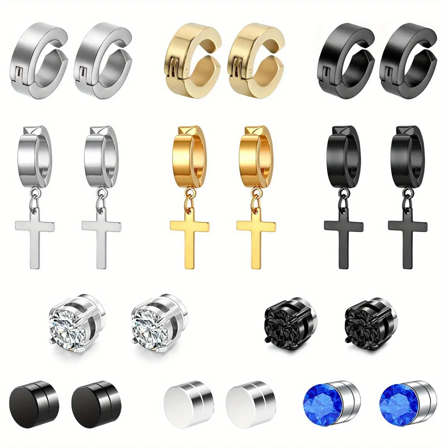 Magnetic Earrings – 11 Pairs Clip On (Non-Pierced) Fake Earrings for Men & Women – Black Cross, Hoop & Dangle Designs – Strong Magnetic Backs, No Piercing Needed – Comfortable Alternative to Pierced Earrings for Unisex Wear
