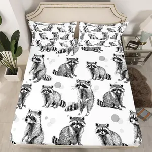 Raccoon Fitted Sheet Black and White Bed Sheets for Kids Boys Teens,Cute Wild Animals Bedding Set,Lovely Wildlife Bedding Decor Set,Grey Sketch Hand Drawn Bedroom Decor