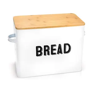 Granrosi 10" Tall Metal Bread Box Storage Container w/Bamboo Wooden Lid, White Kitchen Utensils