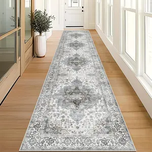 Water Washable Persian Vintage Floral Rug, Easy Clean Kitchen Dining Room Carpet, Soft Comfortable Living Bedroom Mat, Machine Washable Rug