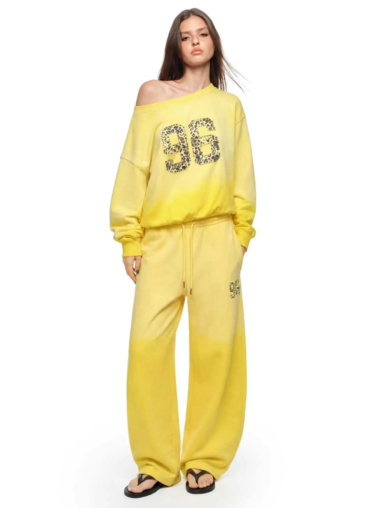 FDR Women's Washed Gradient Off Shoulder Sweatshirt Set Relaxed Sweatpants Vintage Streetwear Matching Outfit