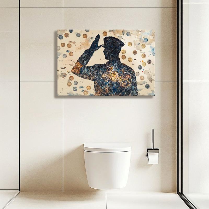 watercolor mosaic composed entirely of tiny painted military medals that form a larger image of a saluting silhouette when viewed from a distance, Wrapped Framed Canvas Wall Art, Vintage Prints Poster - Framed, Horizontal Decor Wood