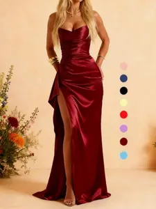 Women's Long Evening Gown, Satin A-Line Wedding Dress, Ruched Slit Design, Elegant Formal Wear, Perfect for Special Occasions, Homecoming Dresses