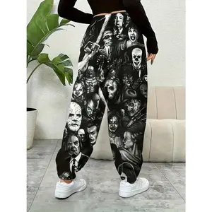 Women's Plus Size Halloween Graphic Print Joggers - High Rise, Loose Fit Casual Pants with Skull & Spooky Designs, Machine Washable, Black & Gray Polyester Blend for Spring/Fall