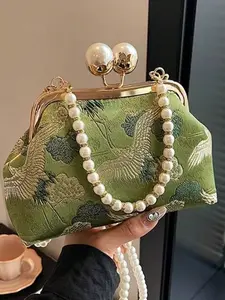 New Vintage Green Fabric Faux Pearl Chain Clutch Bag for Women - Elegant Emerald Green Embroidered Crane & Cloud Pattern with Faux Pearl Chain Strap, Versatile Shoulder Bag Perfect for Parties and Everyday Use