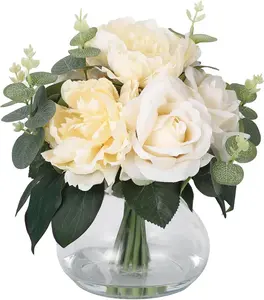 Lifelike 4 Roses + 4 Peonies in Glass Vase with Faux Water, Artificial Flower Arrangements for Wedding & Home Table Centerpieces (Champagne)