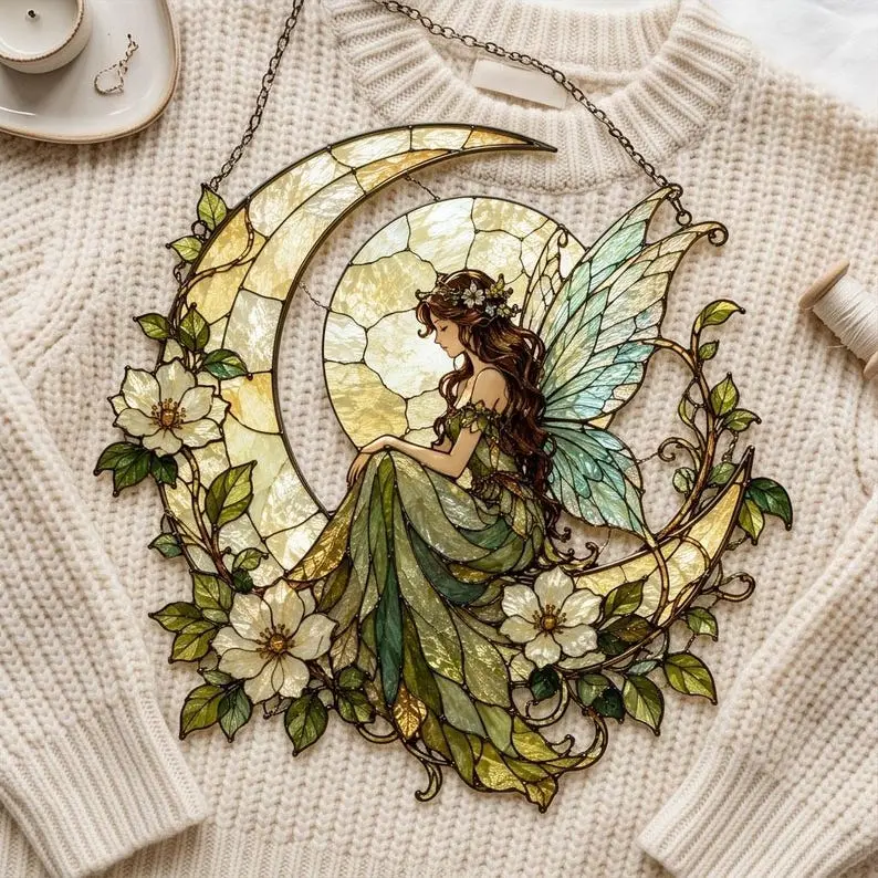 Cottagecore Fairy Moon Acrylic Suncatcher, Crescent Moon Fairy Window Hanging Ornament, Stained Glass Effect Fantasy Sun Catcher, Aesthetic Boho Room Decor Gift for Her