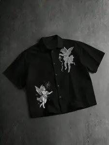 Unisex Vintage Cherub Angel Graphic Print Short Sleeve Cropped Shirt | Y2K Baroque Art Style Aesthetics Sweet Cool Casual Button Down Top