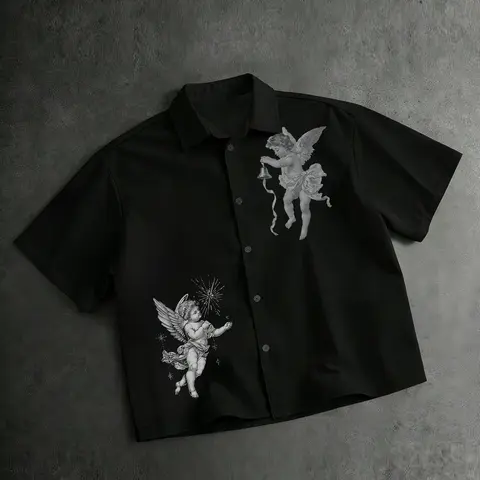 Unisex Vintage Cherub Angel Graphic Print Short Sleeve Cropped Casual Collared Shirt | Y2K Baroque Art Classic Style Sweet Cool Casual Button Down Top
