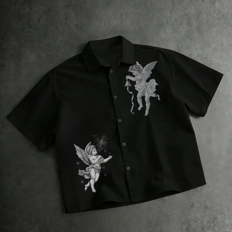 Unisex Vintage Cherub Angel Graphic Print Short Sleeve Cropped Casual Collared Shirt | Y2K Baroque Art Classic Style Sweet Cool Casual Button Down Top